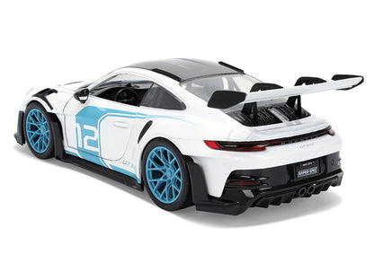 Porsche 911 GT3 RS (992) #12 White with Blue Stripes and Carbon Top "Hyper-Spec" Series 1/24 Diecast Model Car