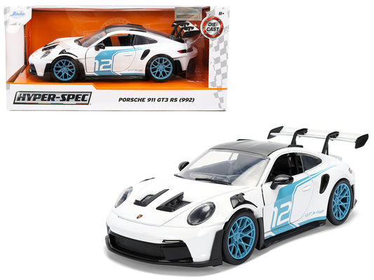 Porsche 911 GT3 RS (992) #12 White with Blue Stripes and Carbon Top "Hyper-Spec" Series 1/24 Diecast Model Car