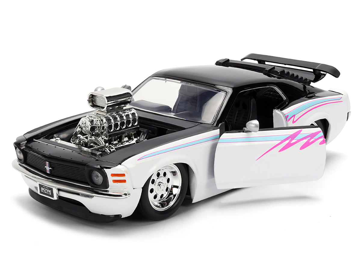 1970 Ford Mustang Boss 429 Black and White with Graphics "Bigtime Muscle" Series 1/24 Diecast Model Car
