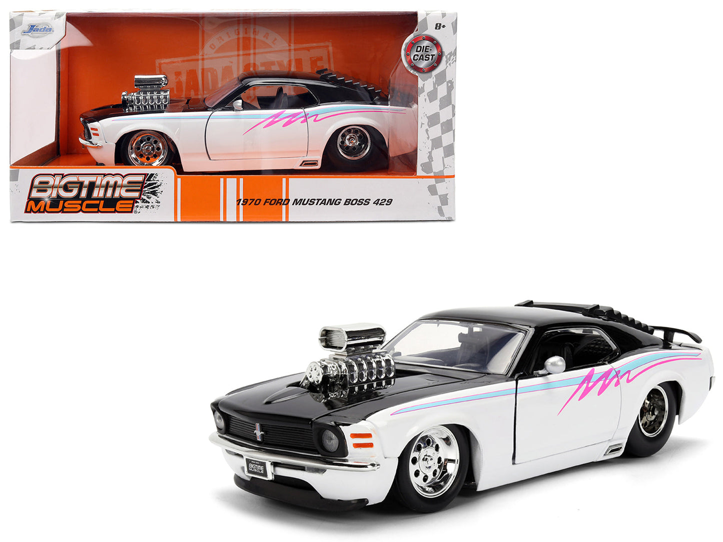 1970 Ford Mustang Boss 429 Black and White with Graphics "Bigtime Muscle" Series 1/24 Diecast Model Car