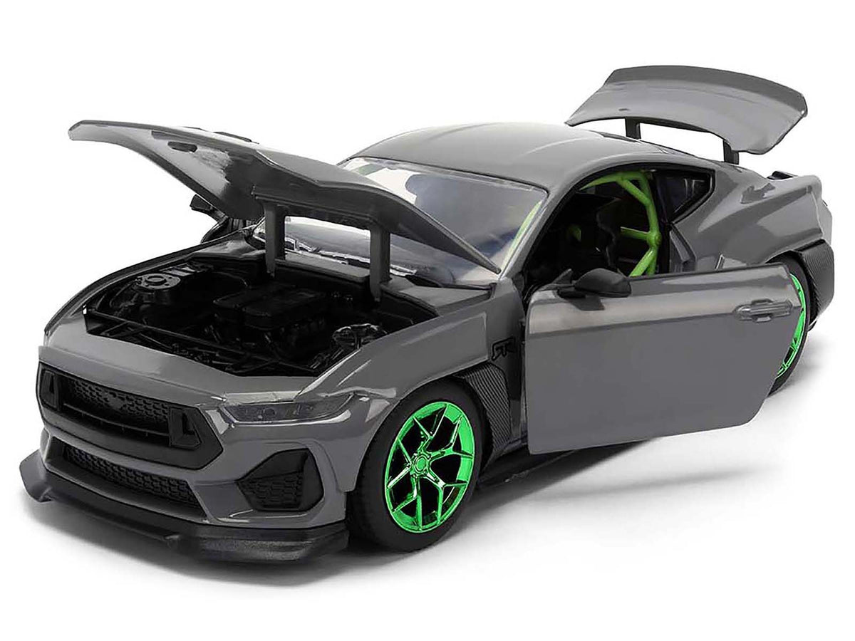 2024 Ford Mustang RTR Gray with Green Wheels "Bigtime Muscle" Series 1/24 Diecast Model Car