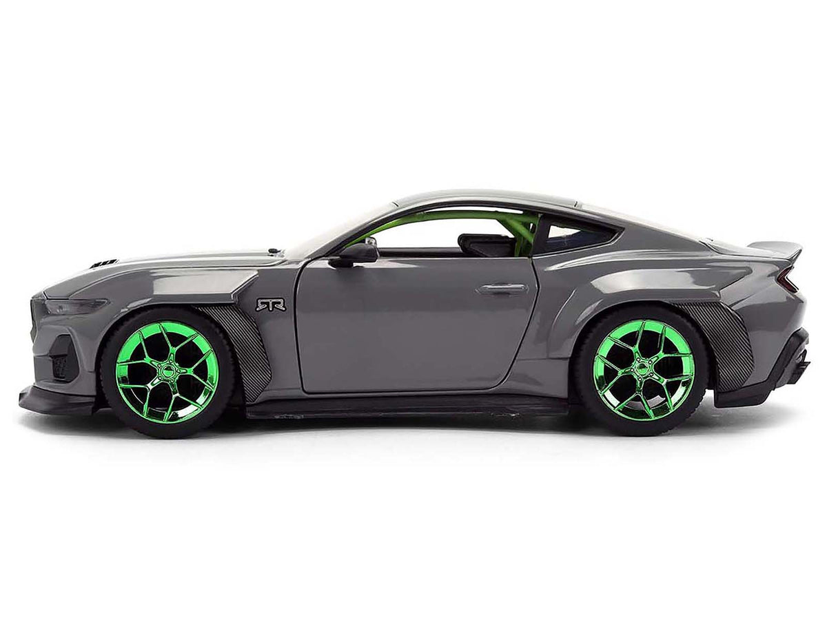 2024 Ford Mustang RTR Gray with Green Wheels "Bigtime Muscle" Series 1/24 Diecast Model Car