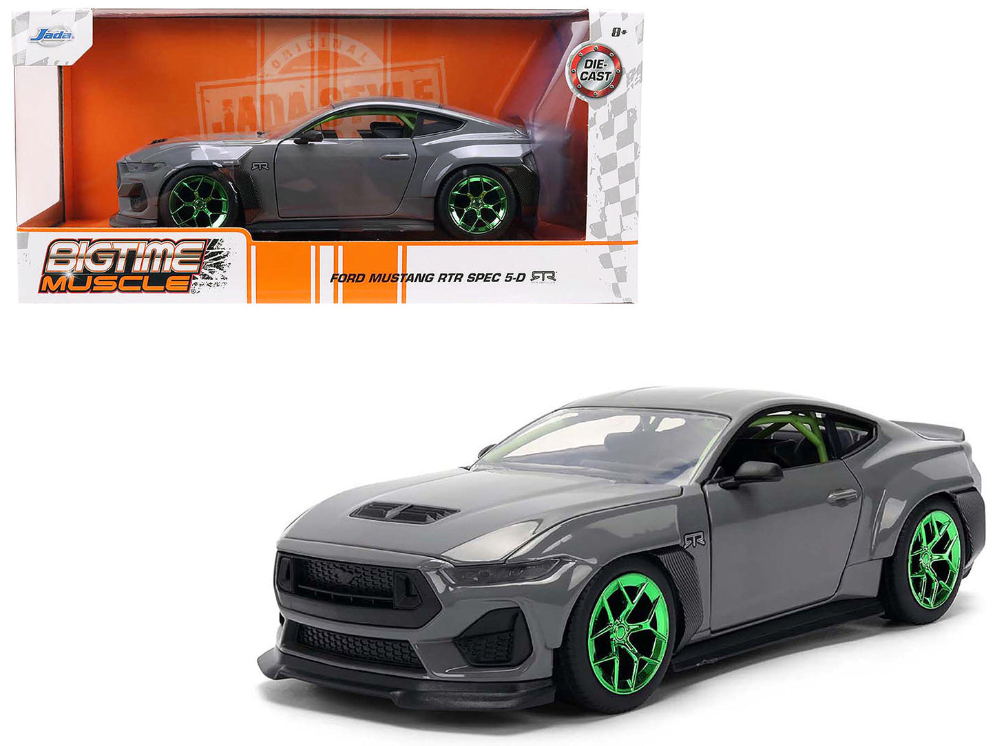 2024 Ford Mustang RTR Gray with Green Wheels "Bigtime Muscle" Series 1/24 Diecast Model Car