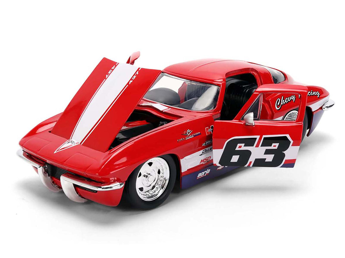 1963 Chevrolet Corvette Stingray #63 "Chevy Racing" Red with White and Blue Stripes "Bigtime Muscle" Series 1/24 Diecast Model Car