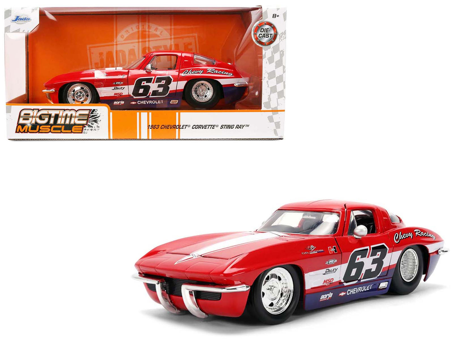 1963 Chevrolet Corvette Stingray #63 "Chevy Racing" Red with White and Blue Stripes "Bigtime Muscle" Series 1/24 Diecast Model Car