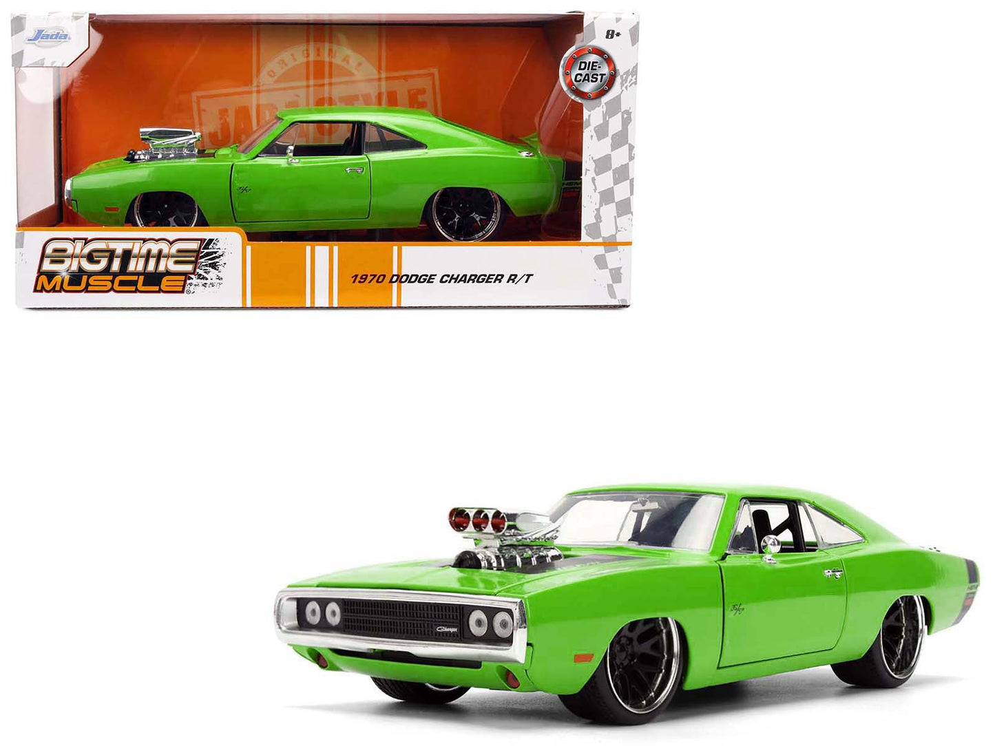 1970 Dodge Charger R/T Bright Green with Black Tail Stripe "Bigtime Muscle" Series 1/24 Diecast Model Car