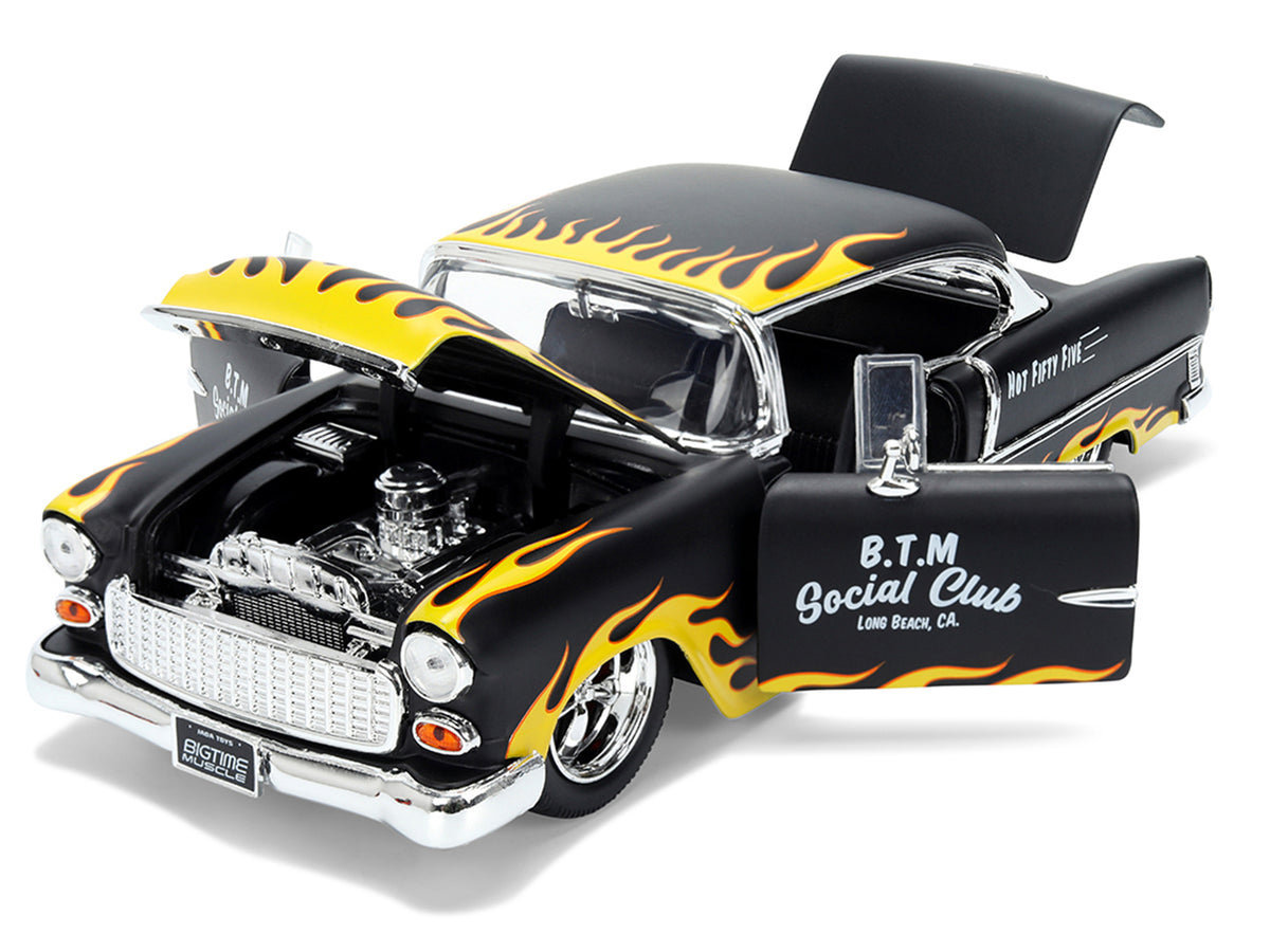 1955 Chevrolet Bel Air "BTM Social Club" Matt Black with Flames "Bigtime Muscle" Series 1/24 Diecast Model Car