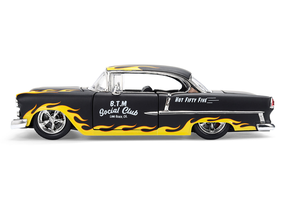 1955 Chevrolet Bel Air "BTM Social Club" Matt Black with Flames "Bigtime Muscle" Series 1/24 Diecast Model Car