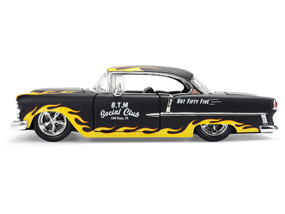 1955 Chevrolet Bel Air "BTM Social Club" Matt Black with Flames "Bigtime Muscle" Series 1/24 Diecast Model Car