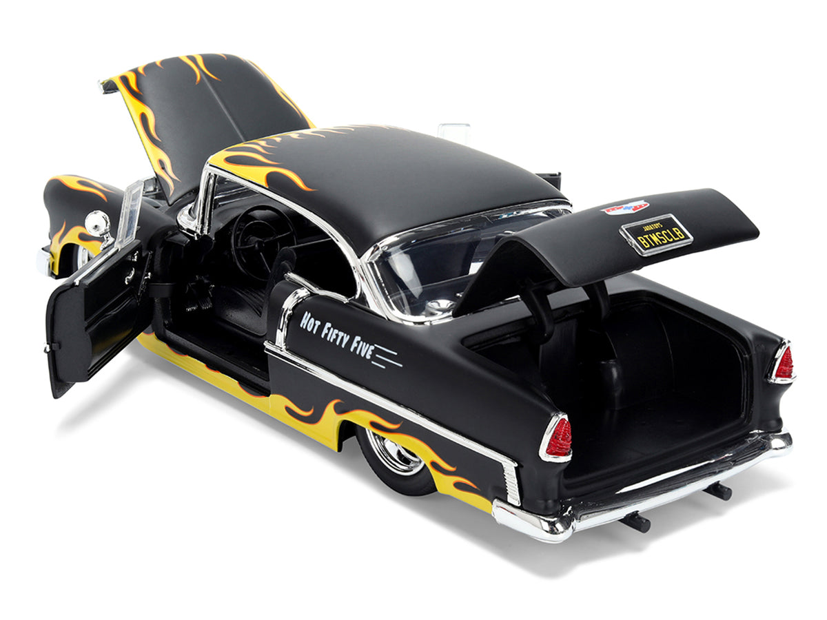 1955 Chevrolet Bel Air "BTM Social Club" Matt Black with Flames "Bigtime Muscle" Series 1/24 Diecast Model Car