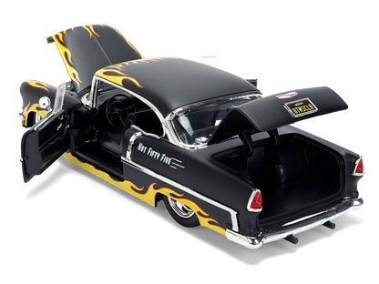 1955 Chevrolet Bel Air "BTM Social Club" Matt Black with Flames "Bigtime Muscle" Series 1/24 Diecast Model Car