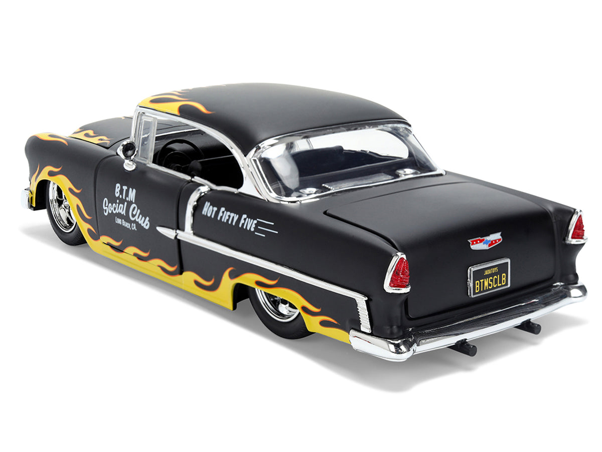 1955 Chevrolet Bel Air "BTM Social Club" Matt Black with Flames "Bigtime Muscle" Series 1/24 Diecast Model Car