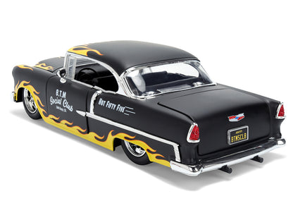 1955 Chevrolet Bel Air "BTM Social Club" Matt Black with Flames "Bigtime Muscle" Series 1/24 Diecast Model Car