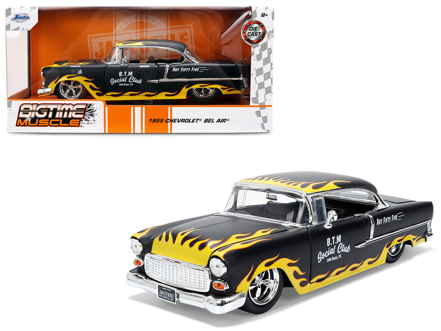 1955 Chevrolet Bel Air "BTM Social Club" Matt Black with Flames "Bigtime Muscle" Series 1/24 Diecast Model Car