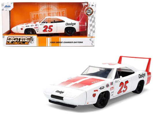 1969 Dodge Charger Daytona #25 White with Red Stripes "Bigtime Muscle" Series 1/24 Diecast Model Car