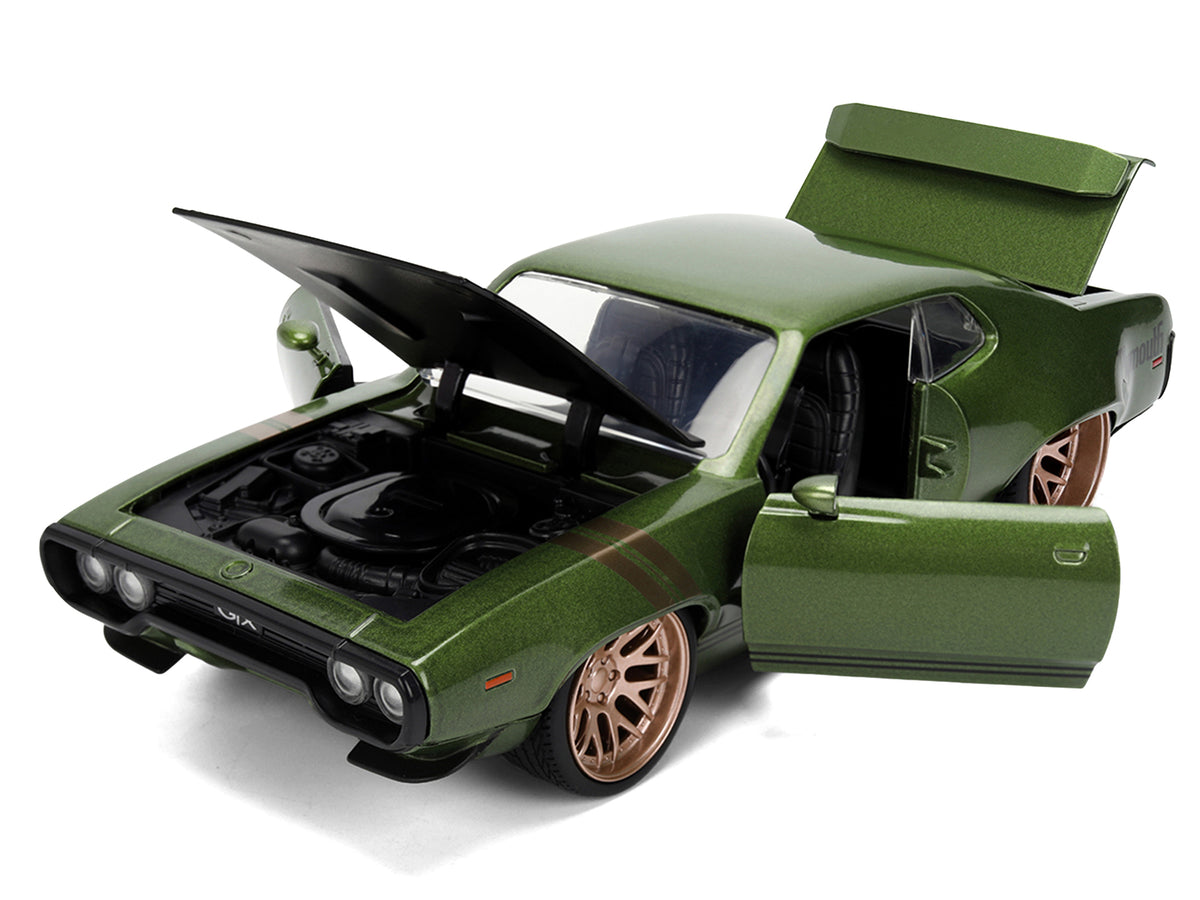 1972 Plymouth GTX Green Metallic with Matt Black Hood and Gold Stripes "Bigtime Muscle" Series 1/24 Diecast Model Car