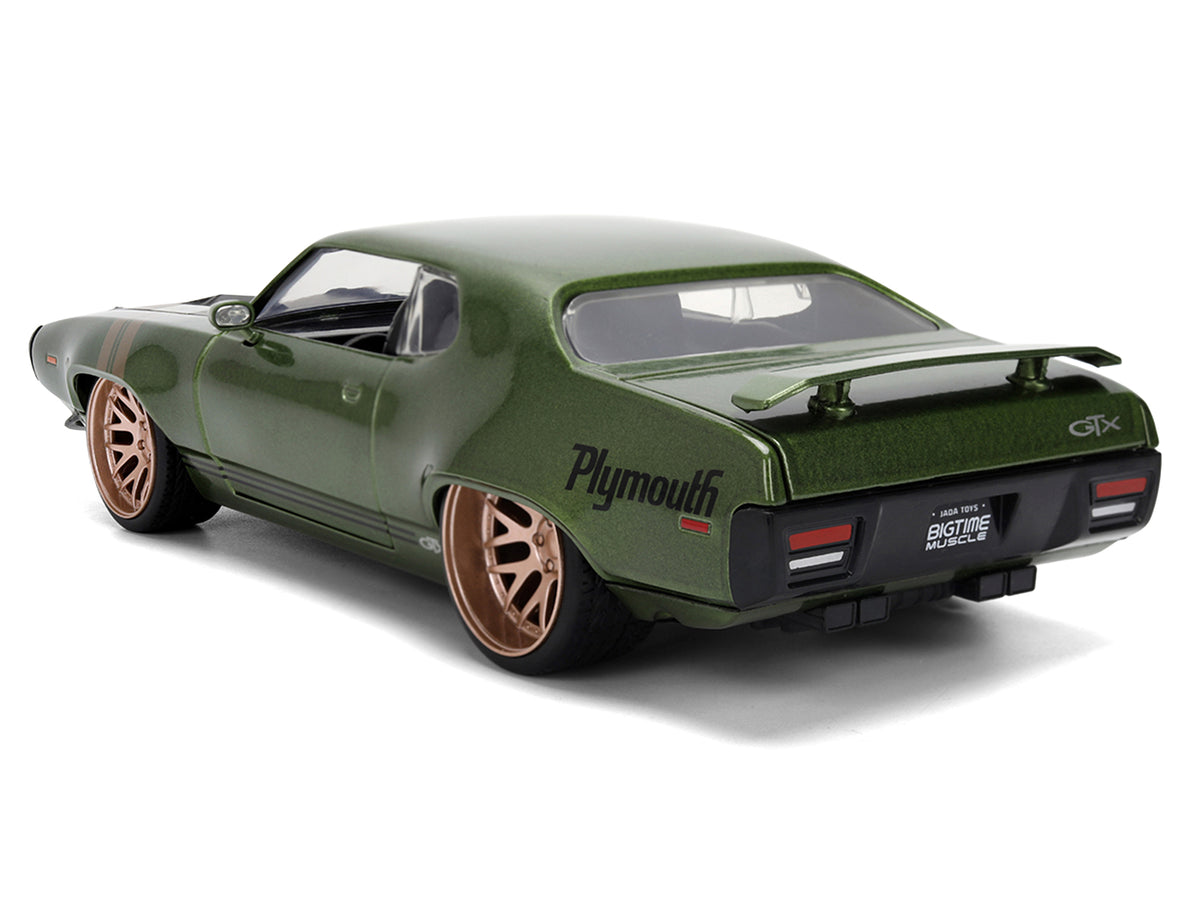 1972 Plymouth GTX Green Metallic with Matt Black Hood and Gold Stripes "Bigtime Muscle" Series 1/24 Diecast Model Car
