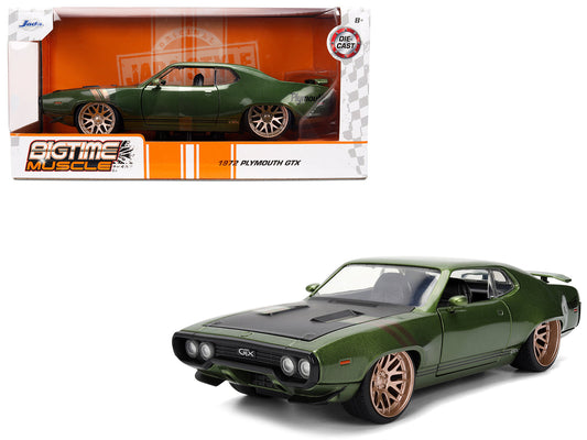 1972 Plymouth GTX Green Metallic with Matt Black Hood and Gold Stripes "Bigtime Muscle" Series 1/24 Diecast Model Car