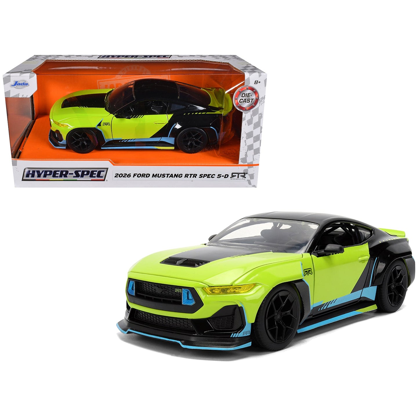 2026 Ford Mustang RTR Spec 5-D Lime Green with Black Top and Graphics "Hyper-Spec" Series 1/24 Diecast Model Car