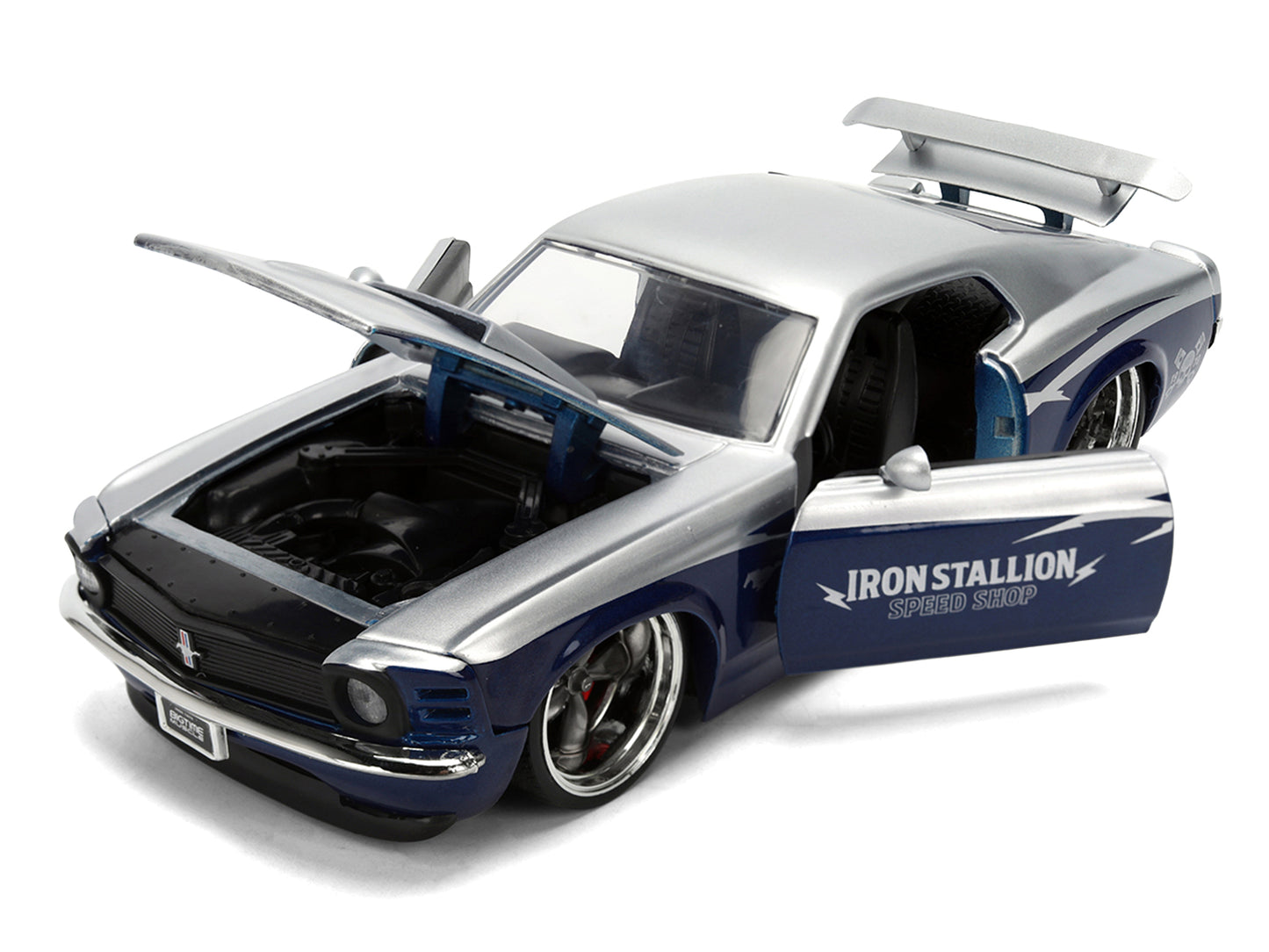 1970 Ford Mustang Boss 429 "Iron Stallion Speed Shop" Silver and Dark Blue Metallic "Bigtime Muscle" Series 1/24 Diecast Model Car