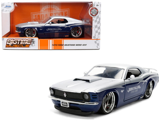 1970 Ford Mustang Boss 429 "Iron Stallion Speed Shop" Silver and Dark Blue Metallic "Bigtime Muscle" Series 1/24 Diecast Model Car