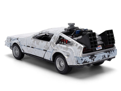 DMC DeLorean Time Machine Brushed Metal (Frost Version) "Back to the Future" (1985) Movie "40th Anniversary" Special Packaging "Hollywood Rides" Series 1/32 Diecast Model Car
