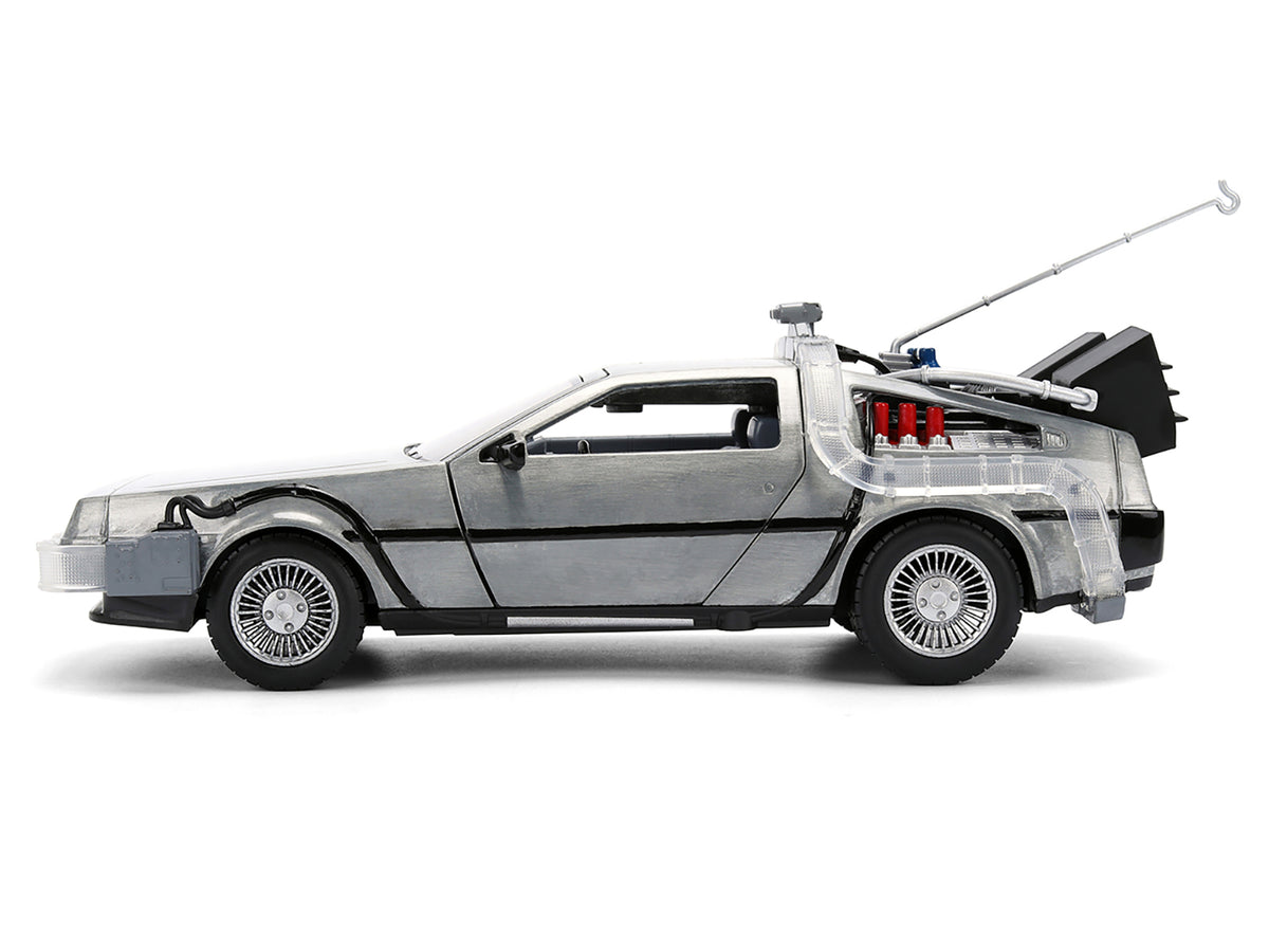 DeLorean Brushed Metal Time Machine with Lights "Back to the Future" (1985) Movie "40th Anniversary" Special Packaging "Hollywood Rides" Series 1/24 Diecast Model Car