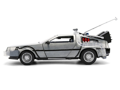 DeLorean Brushed Metal Time Machine with Lights "Back to the Future" (1985) Movie "40th Anniversary" Special Packaging "Hollywood Rides" Series 1/24 Diecast Model Car