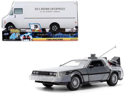 DeLorean Brushed Metal Time Machine with Lights "Back to the Future" (1985) Movie "40th Anniversary" Special Packaging "Hollywood Rides" Series 1/24 Diecast Model Car