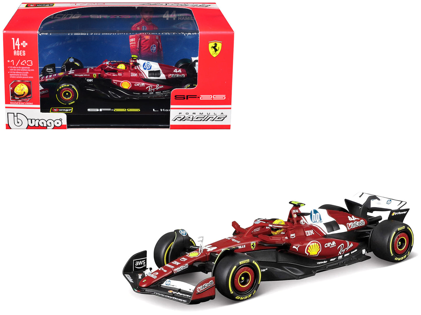 Ferrari SF-25 #44 Lewis Hamilton Formula One F1 "World Championship" (2025) with Display Case 1/43 Diecast Model Car