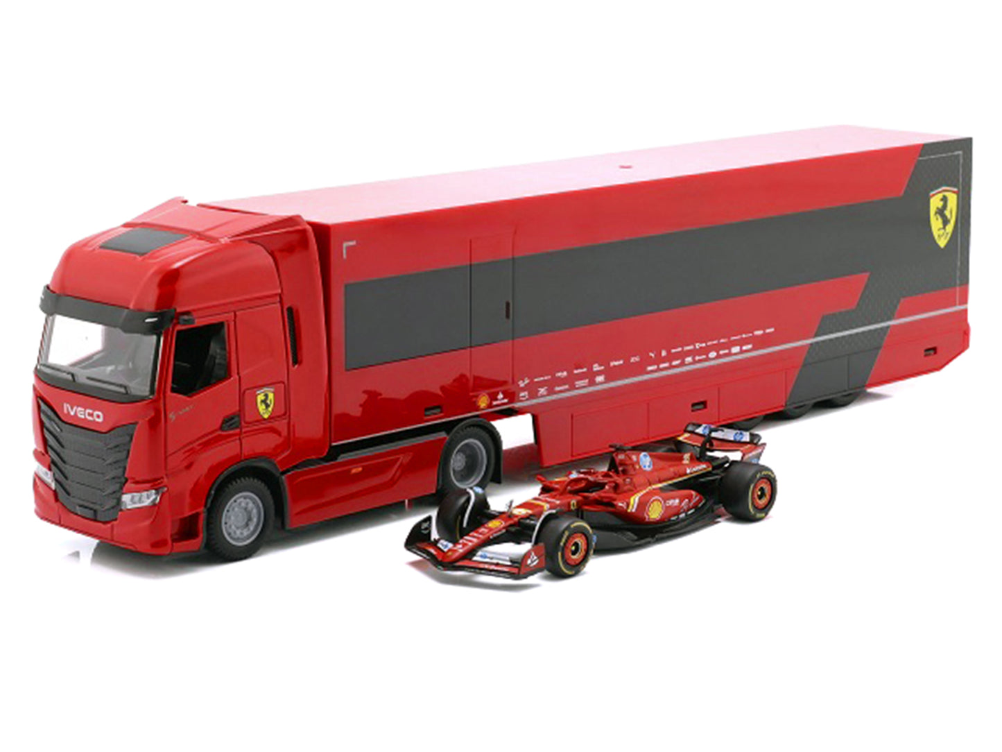 Iveco S-Way 570 Car Transporter Red and Ferrari SF-24 #16 Charles Leclerc Formula One F1 World Championship (2024) "Racing Hauler" Series 1/43 Diecast Model Car