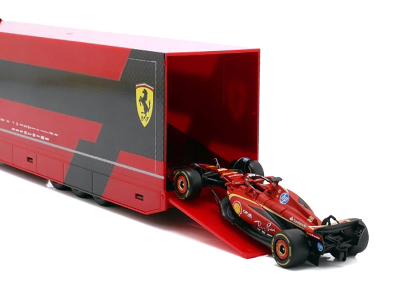 Iveco S-Way 570 Car Transporter Red and Ferrari SF-24 #16 Charles Leclerc Formula One F1 World Championship (2024) "Racing Hauler" Series 1/43 Diecast Model Car
