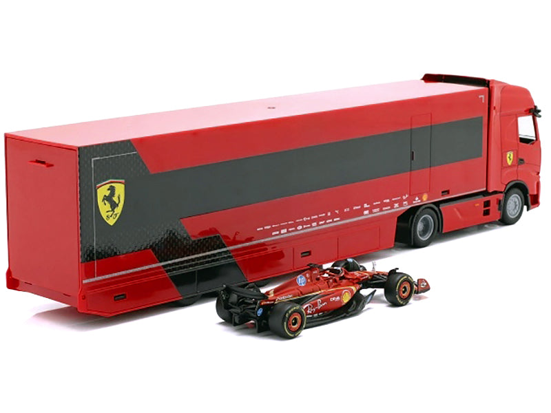 Iveco S-Way 570 Car Transporter Red and Ferrari SF-24 #16 Charles Leclerc Formula One F1 World Championship (2024) "Racing Hauler" Series 1/43 Diecast Model Car
