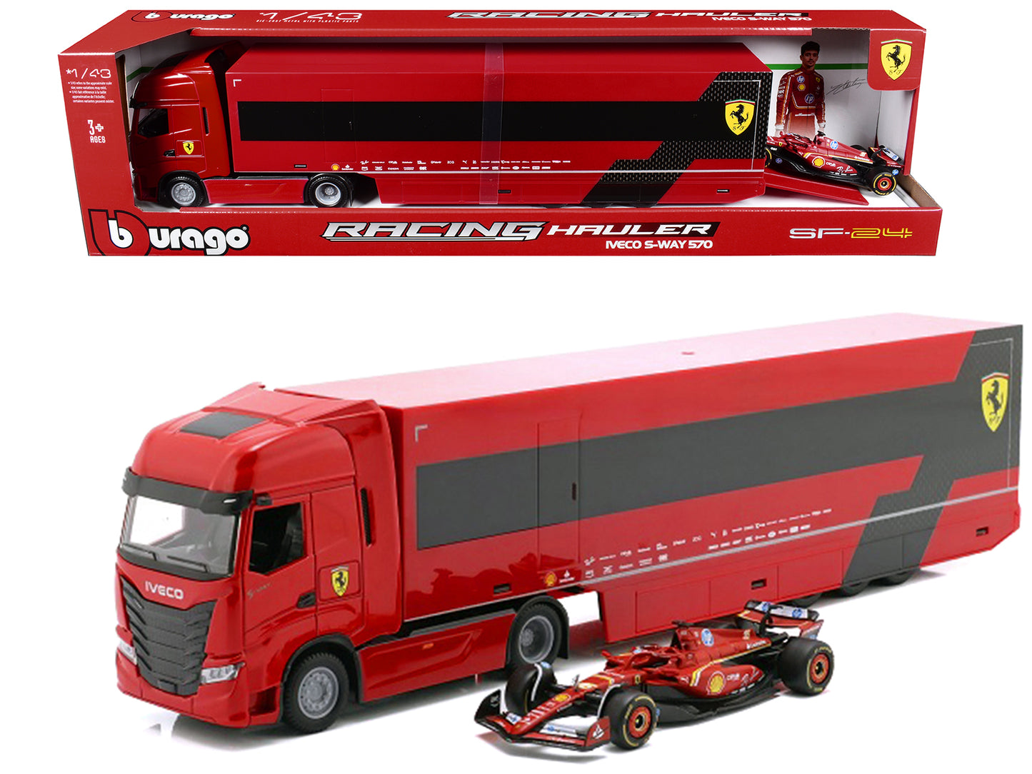 Iveco S-Way 570 Car Transporter Red and Ferrari SF-24 #16 Charles Leclerc Formula One F1 World Championship (2024) "Racing Hauler" Series 1/43 Diecast Model Car