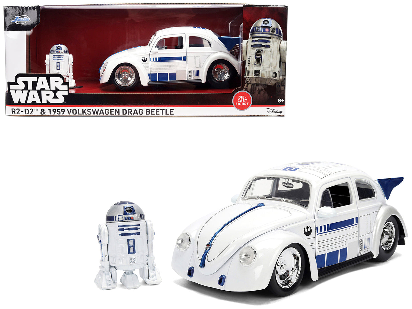 1959 Volkswagen Drag Beetle White with Graphics and R2-D2 Figure "Star Wars" Franchise "Hollywood Rides" Series 1/24 Diecast Model Car
