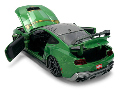 2024 Ford Mustang Dark Horse Green Metallic with Gray Top and Graphic with Doctor Doom Diecast Figure "Marvel's Doctor Doom" Character "Hollywood Rides" Series 1/24 Diecast Model Car