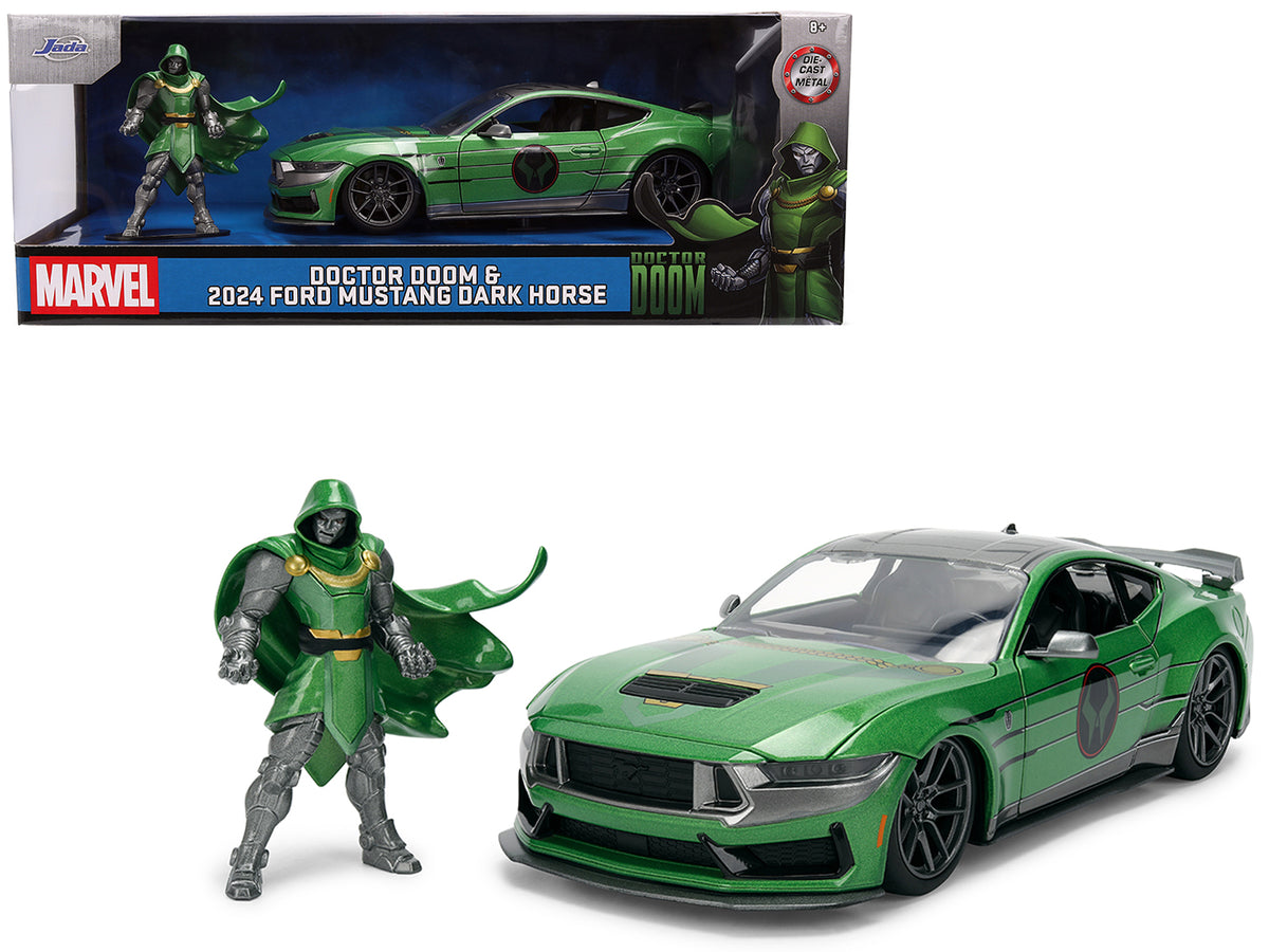 2024 Ford Mustang Dark Horse Green Metallic with Gray Top and Graphic with Doctor Doom Diecast Figure "Marvel's Doctor Doom" Character "Hollywood Rides" Series 1/24 Diecast Model Car