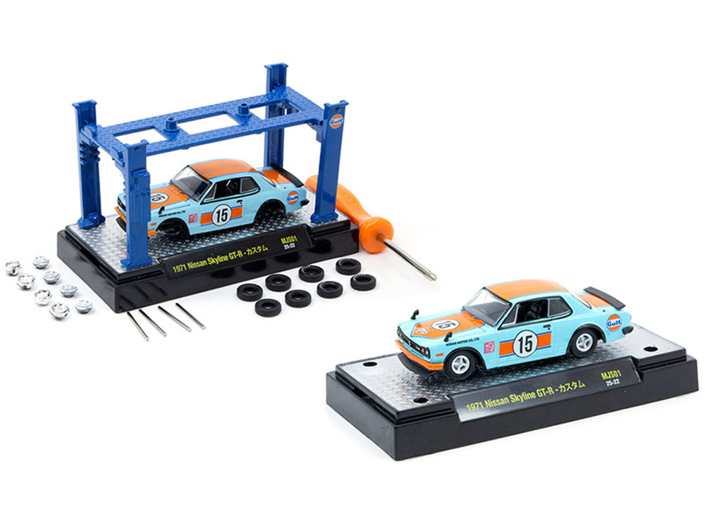 1971 Nissan Skyline GT-R RHD (Right Hand Drive) #15 "Gulf Oil" Light Blue and Orange "Auto-Lifts" Series Limited Edition to 3300 pieces Worldwide 1/64 Diecast Model Car