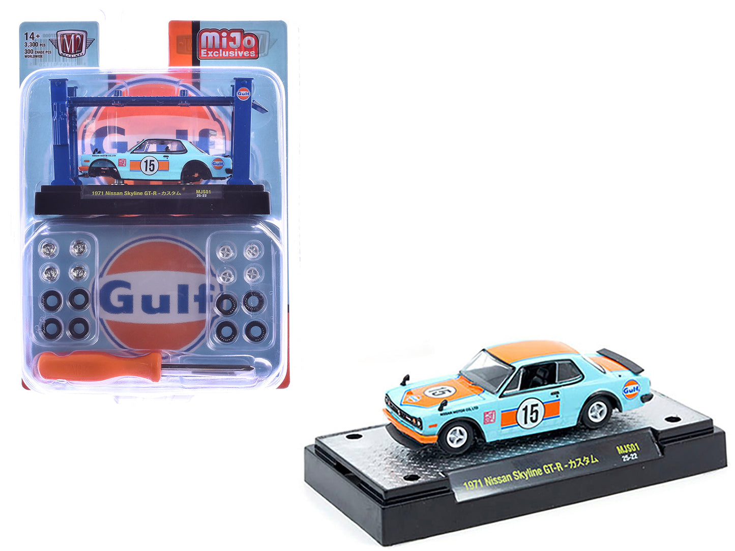 1971 Nissan Skyline GT-R RHD (Right Hand Drive) #15 "Gulf Oil" Light Blue and Orange "Auto-Lifts" Series Limited Edition to 3300 pieces Worldwide 1/64 Diecast Model Car