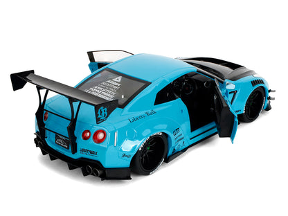 Nissan GT-R (R35) Liberty Walk Body Kit 2.0 RHD (Right Hand Drive) Blue with Black Hood "Pink Slips" Series 1/18 Diecast Model Car