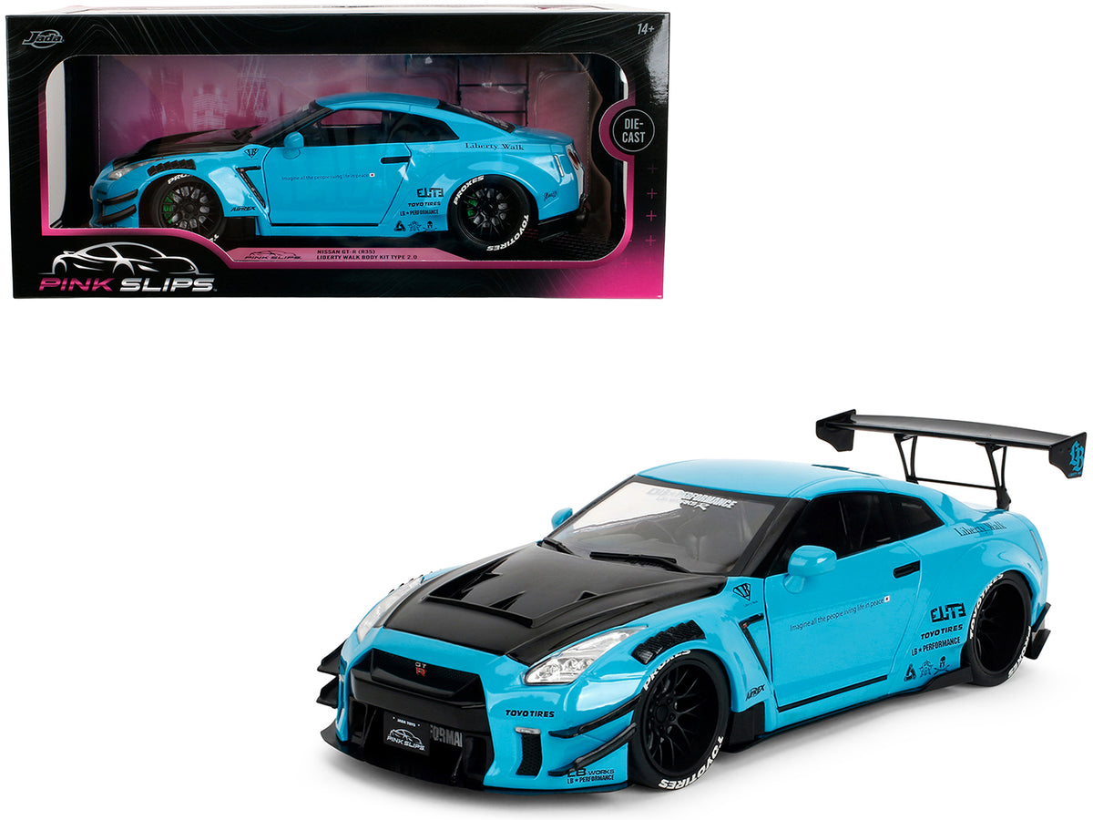 Nissan GT-R (R35) Liberty Walk Body Kit 2.0 RHD (Right Hand Drive) Blue with Black Hood "Pink Slips" Series 1/18 Diecast Model Car