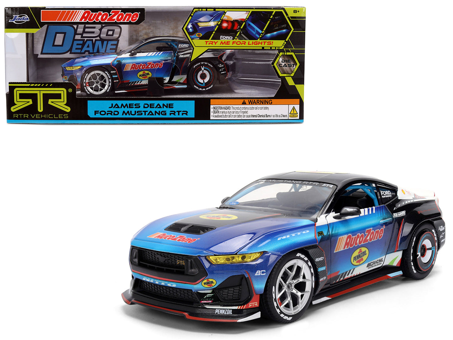Ford Mustang RTR #130 James Deane "AutoZone" "Formula Drift PRO Championship" (2025) with Lights "RTR Vehicles" Series 1/24 Diecast Model Car