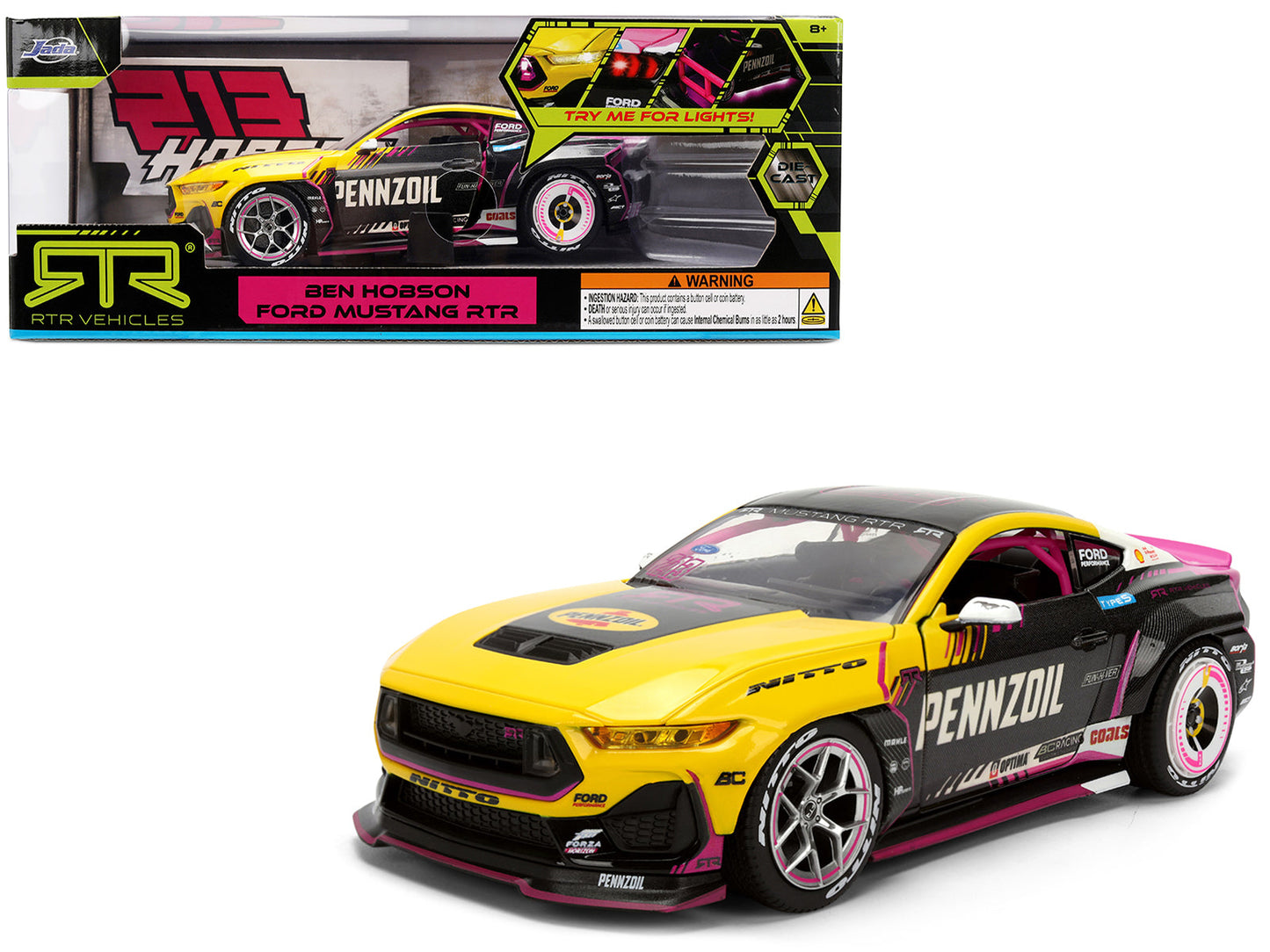 Ford Mustang RTR #213 Ben Hobson "Pennzoil" "Formula Drift PRO Championship" (2025) with Lights "RTR Vehicles" Series 1/24 Diecast Model Car