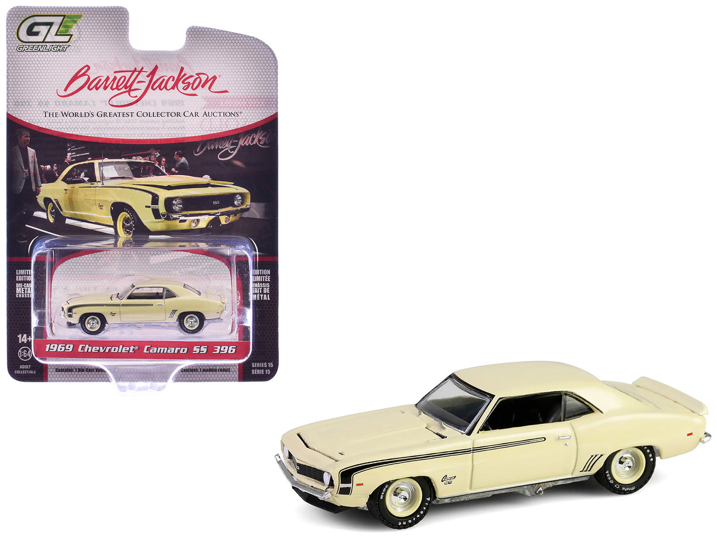 1969 Chevrolet Camaro SS 396 Butternut Yellow with Black Stripes "Barrett-Jackson" Series 15 1/64 Diecast Model Car