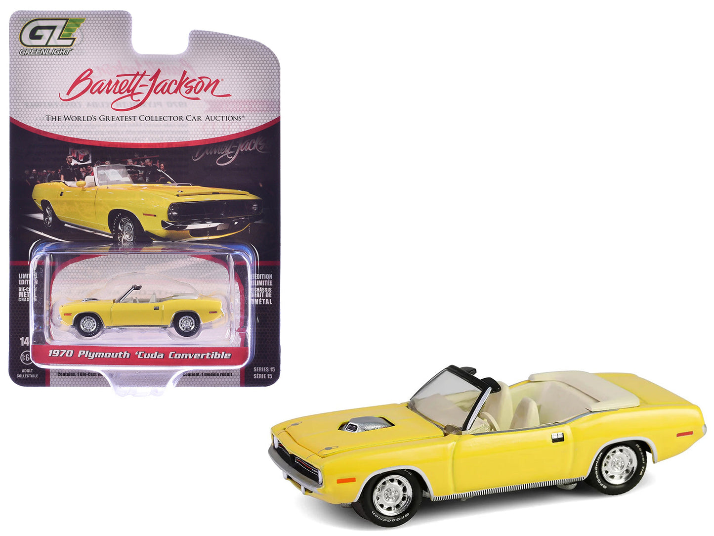 1970 Plymouth 'Cuda Convertible Yellow "Barrett-Jackson" Series 15 1/64 Diecast Model Car