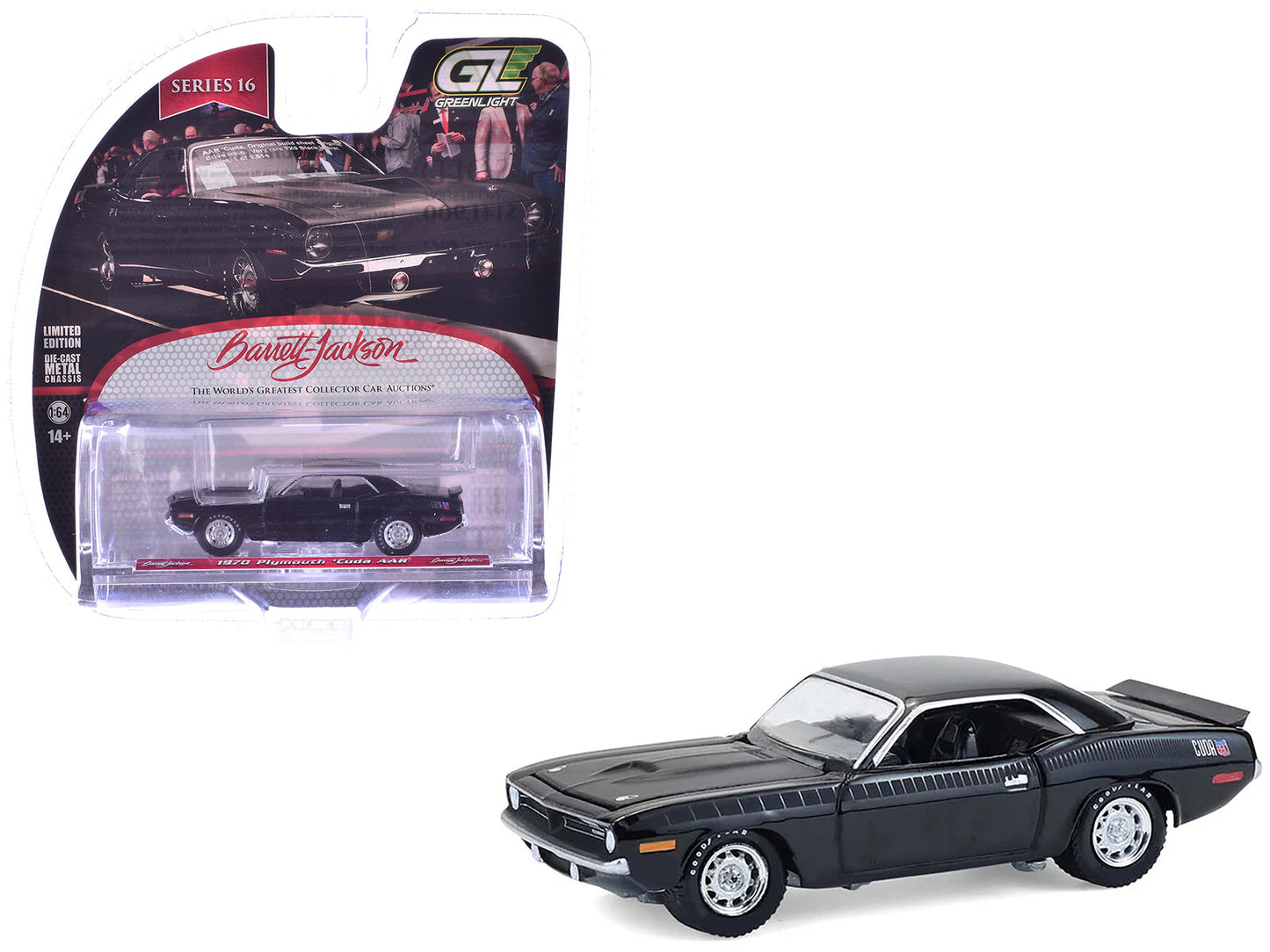 1970 Plymouth 'Cuda AAR Black with Gray Stripes "Barrett-Jackson" Series 16 1/64 Diecast Model Car