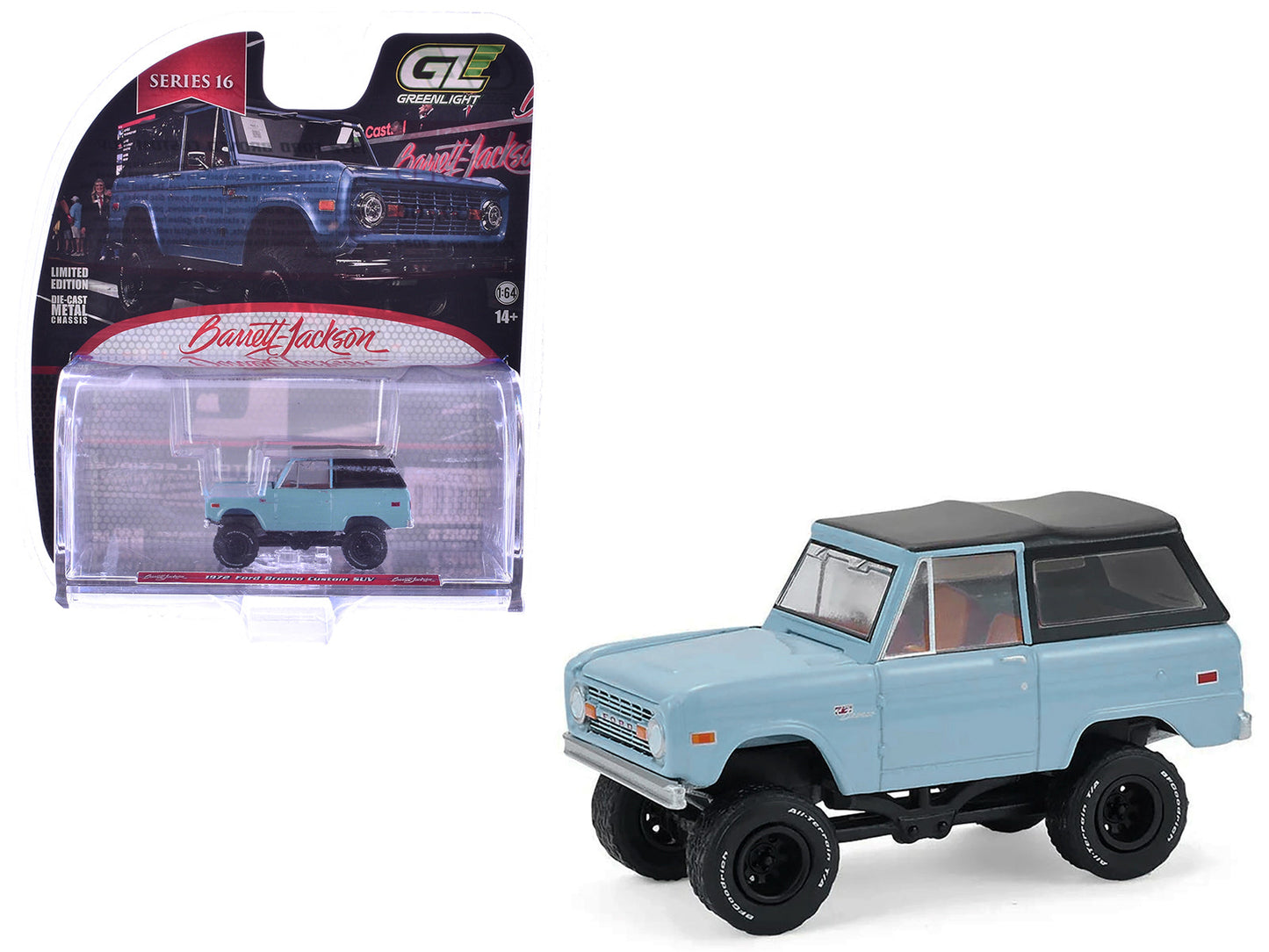 1972 Ford Bronco Custom SUV Light Blue with Black Top "Barrett-Jackson" Series 16 1/64 Diecast Model Car