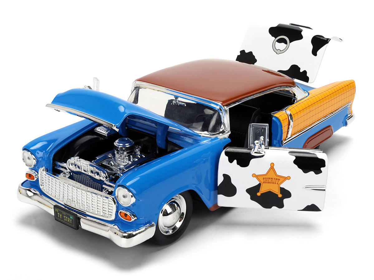 1955 Chevrolet Bel Air Blue with Graphics and Woody Diecast Figure "Toy Story" Franchise "Hollywood Rides" Series 1/24 Diecast Model Car