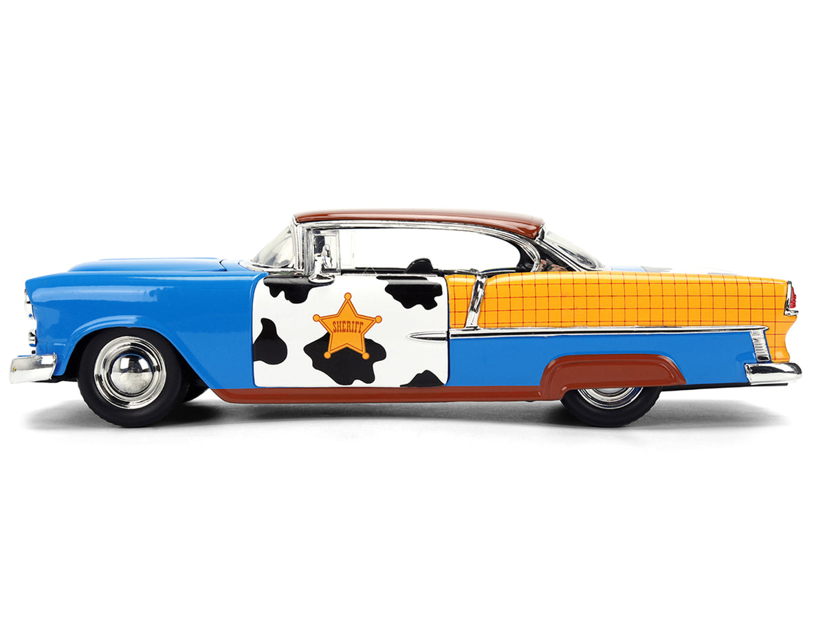 1955 Chevrolet Bel Air Blue with Graphics and Woody Diecast Figure "Toy Story" Franchise "Hollywood Rides" Series 1/24 Diecast Model Car
