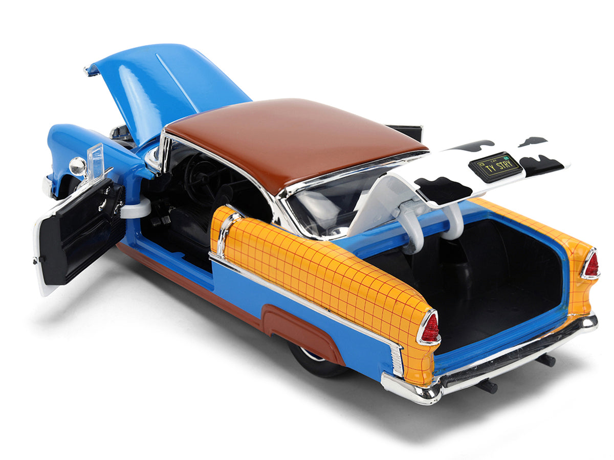 1955 Chevrolet Bel Air Blue with Graphics and Woody Diecast Figure "Toy Story" Franchise "Hollywood Rides" Series 1/24 Diecast Model Car
